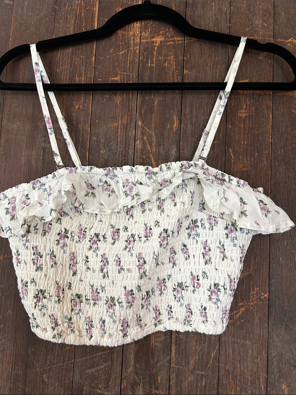 Smocked Floral Ruffle Crop Top - White with Pink Floral